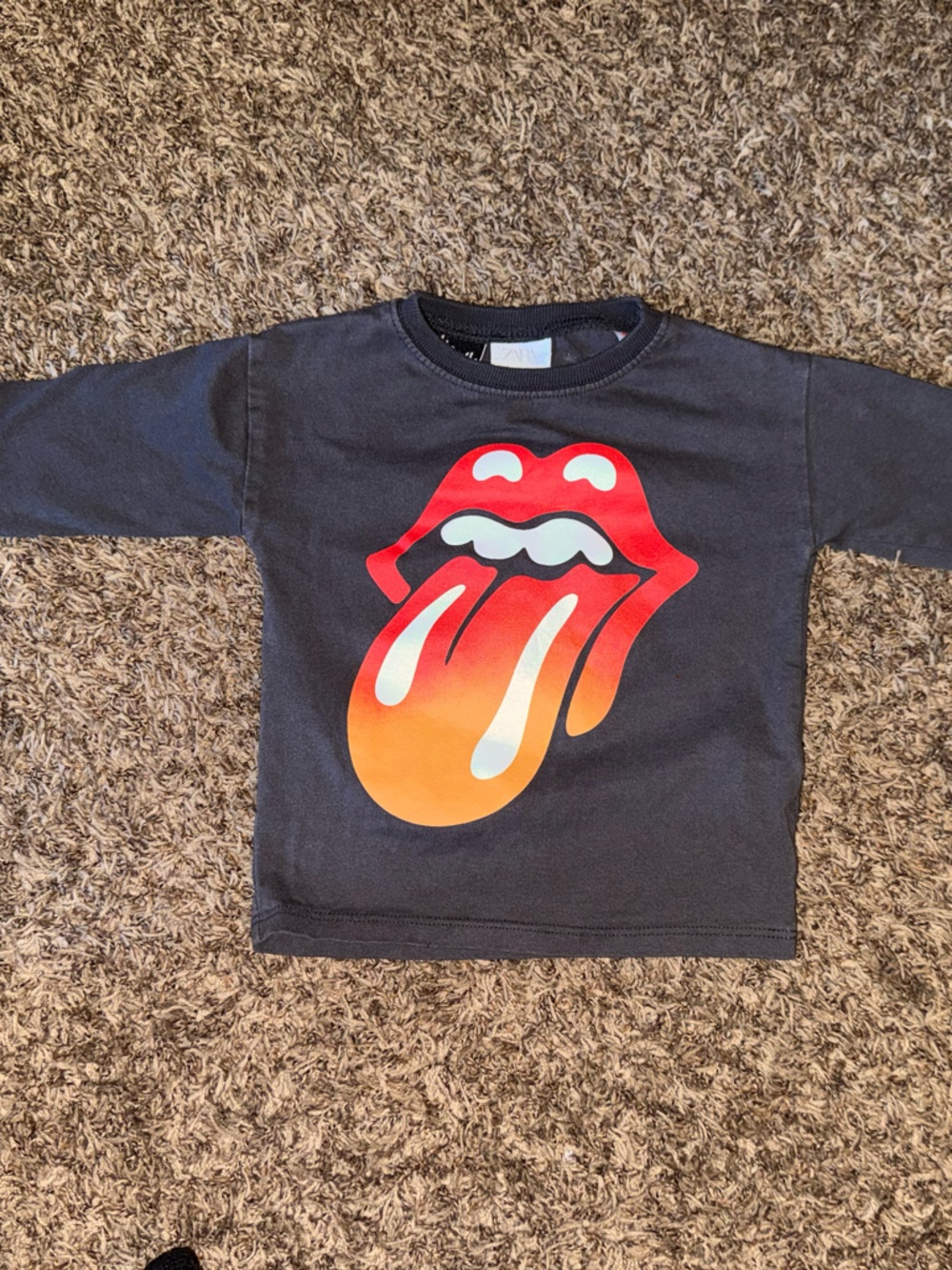 Zara Black Long-Sleeve Tee with Orange and Red Tongue Graphic